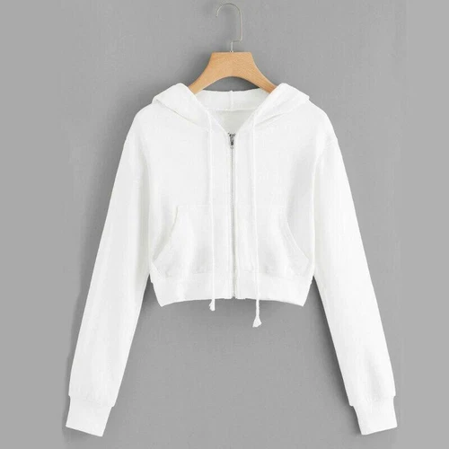 Women Hoodies Long Sleeve Zip Crop Tops Casual Basic Hooded Sweatshirt Jackets - Bild 2 von 19