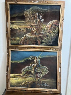 Vtg 70's Velvet Painting Native American Warrior Horse 19” X 22