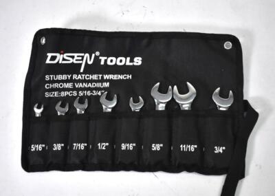 Disen Tools Stubby Ratchet Wrench Set 8 Piece Kit Chrome Vanadium Finish