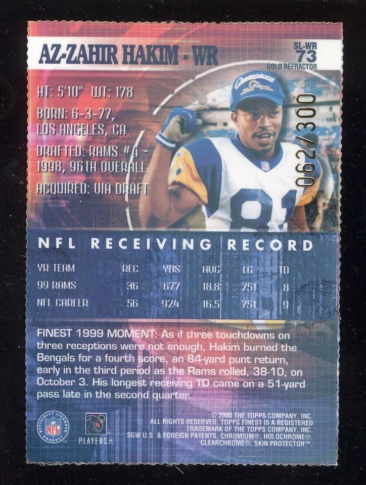 #73 Az-Zahir Hakim 2000 Topps Finest Gold Refractor Die-Cut/300 St. Louis Rams - Image 2 of 2