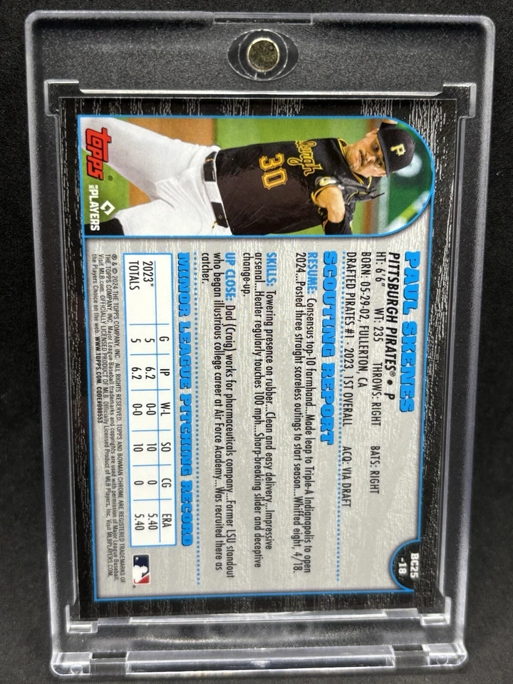 Paul Skenes RARO NOVATO RC REFRACTOR BOWMAN CROMO TARJETA DE INVERSIÓN PIRATAS COMO NUEVO Foto 2 de 2