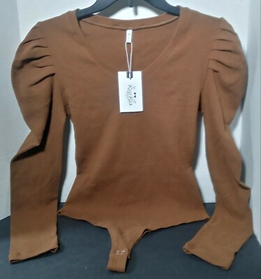 REORIA Women's Medium Coffee Casual Bodysuit Ribbed Ruffled Long Sleeve V-Neck
