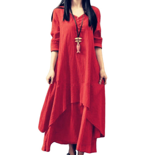Women Retro Long Sleeve Dress V-neck Loose Cotton Linen Dress Maxi-Skirt M-5XL - Picture 14 of 16