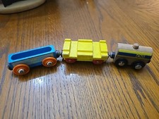 Vintage Brio Wooden Railway Train Cargo Car Pin Stripe Blu Yellow Oil Car