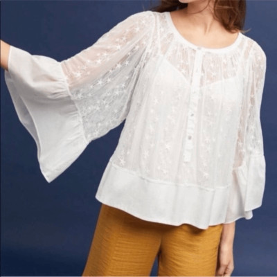 Anthropologie Akemi + Kin Star Embroidered Mesh Bell Sleeve Top Size Extra Small