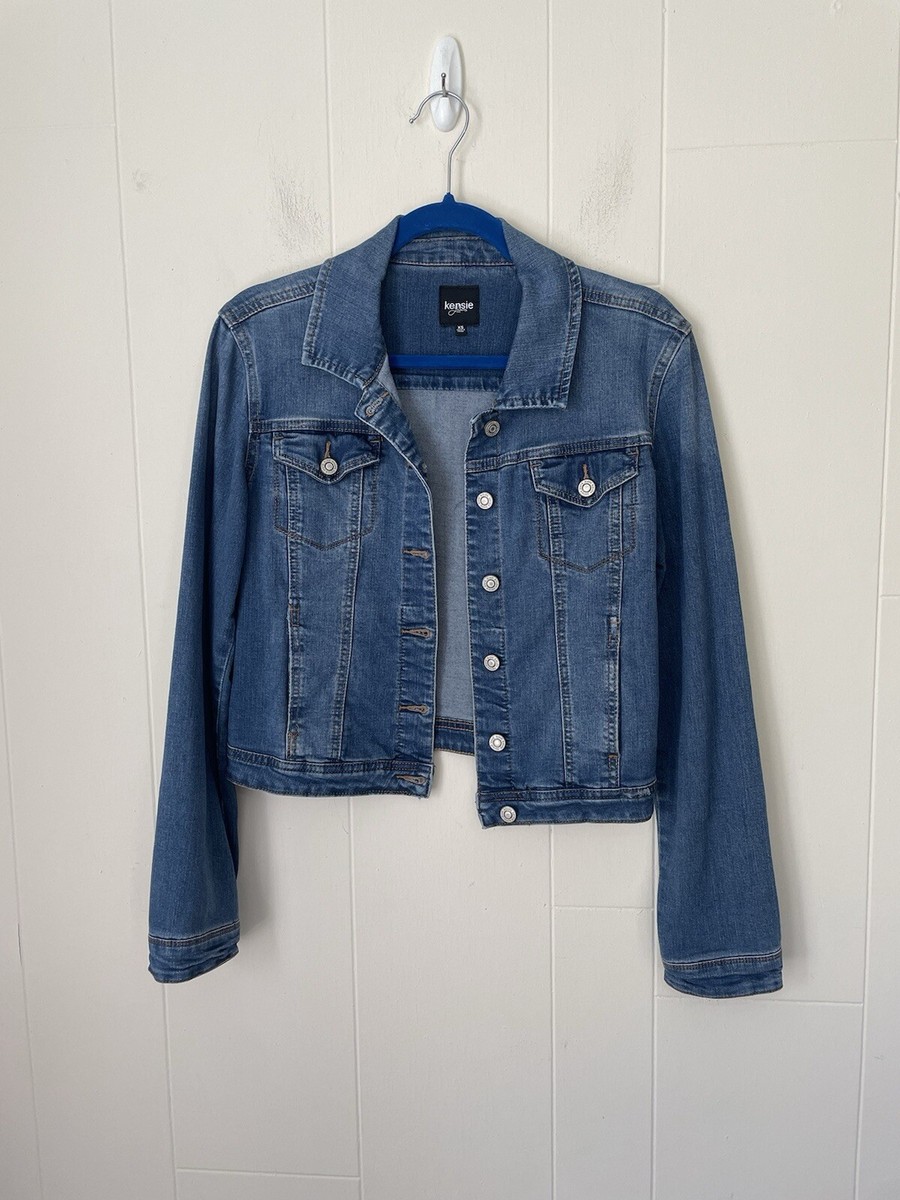 Kensie Jeans Short Denim Jacket Stretch Button Flap Pockets