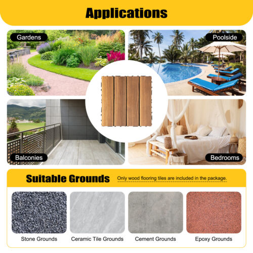 Hardwood Interlocking Patio Deck Tiles Wood Flooring DIY Outdoor 12''x12'' 36Pcs