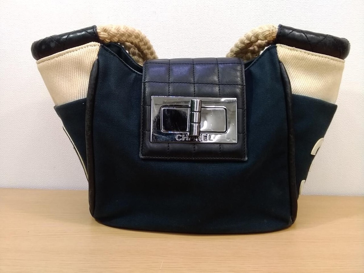 CHANEL Chocolate Bar Coco Mark Handbag Navy Tote Logo Canvas