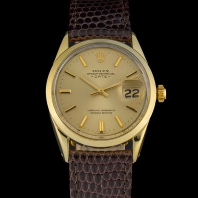 Rolex Oyster Perpetual Date 1550 Gold Dial 34mm Automatic Watch