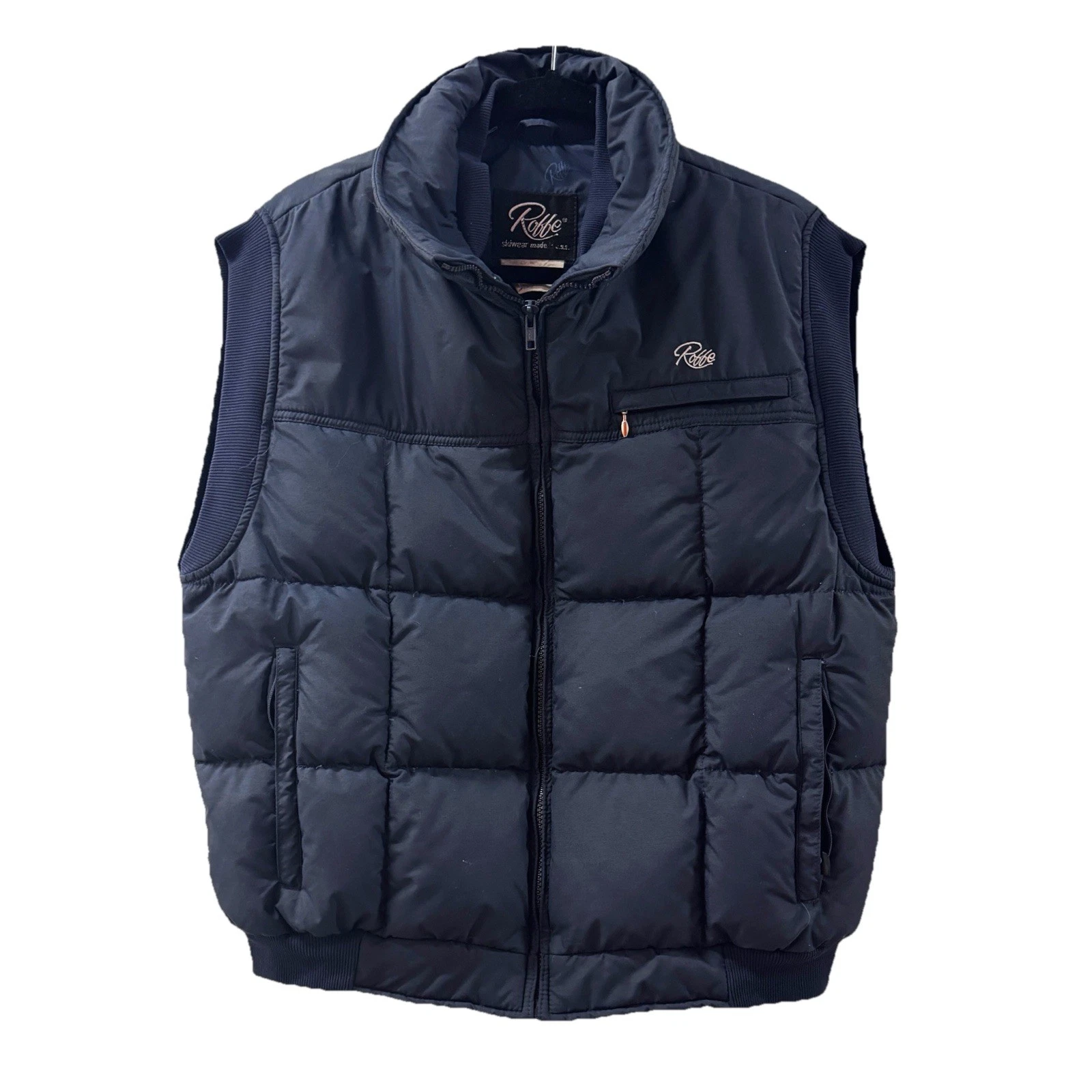 Roffe Skiwear Down Puffer Ski Vest Men’s Size XL Dark Navy Blue Snap Front Puffy