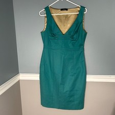 Elie Tahari Nordstrom Teal Green Sheath Dress V-Neck Pleated Size 10