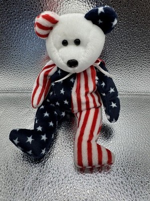 TY Beanie Baby Spangle Bear 1999 Plush US Flag Stuffed Animal. Hard Case Tag.