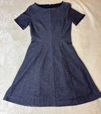 Banana Republic Navy Blue Chambray Fit Flare Fringe Trim Stretch Dress 4 EUC