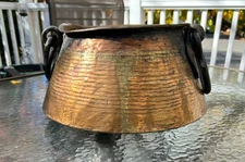 Large Antique Hammered Copper Cauldron Pot
