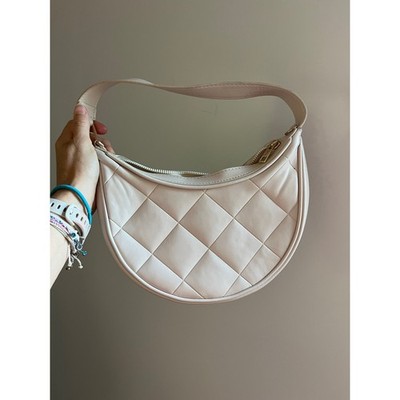 Cream Quilted Crescent Shoulder Bag Scandi Hobo Purse Minimalist Chic Neutral