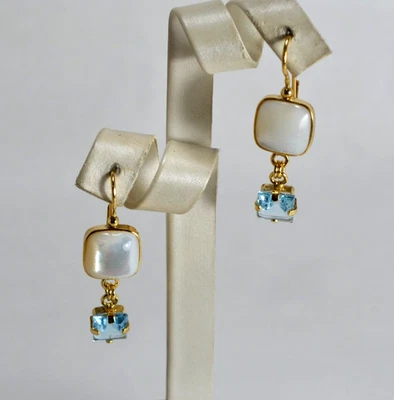 Boucles D'Oreilles Argent 925 Mère Perle Et Topaze Bleue Carrée AGHT 0981 - Photo 1/4