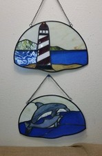 Stain Glass Set Vintage Lighthouse/ Dolphin Suncatchers 11" By 7" Coastal Beach