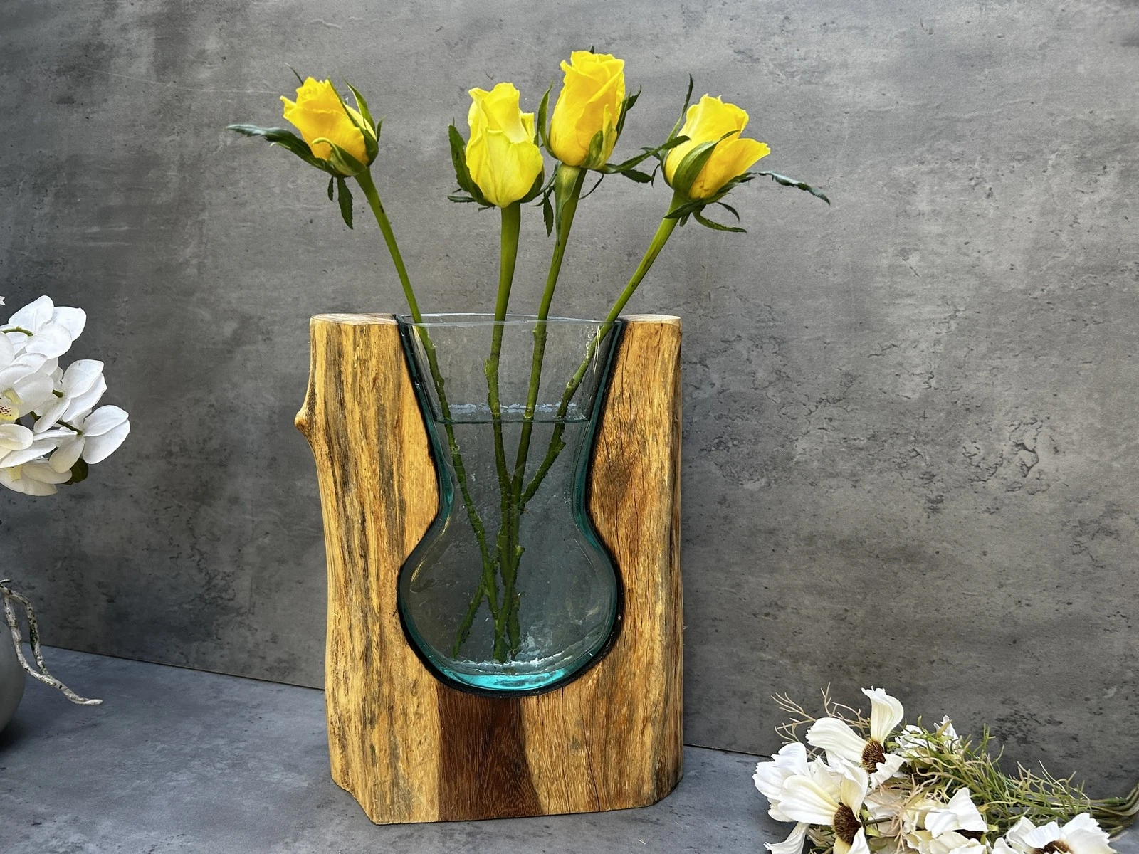 Wooden Wedge Vase Molten Glass Centre Large Handmade Rustic Home Decor Gift 31cm