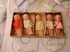 Dionne Quints Boxed (Set of 5) Bisque 3" Jointed Doll 1930s Original Box Japan