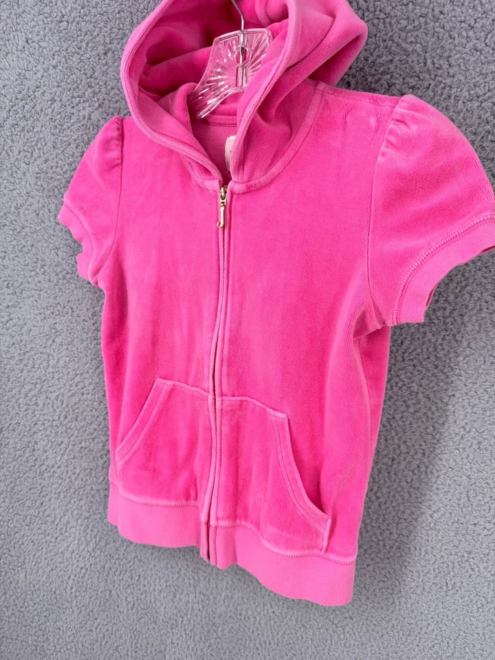 Y2K Camp Juicy Couture Hot Pink Short Sleeve Terry Hoodie Logo Girls 10 - Image 3 of 4