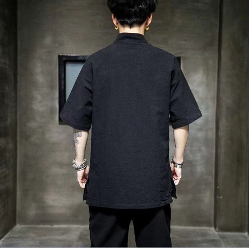Men Line Tshirt Short-sleeved Chinese Style Summer Breathable Loose Stand Collar - Picture 25 of 29