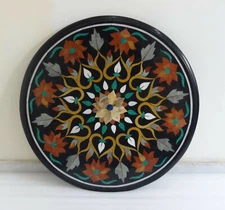 24" Round Black Marble Top Sofa Table Top Marquetry Handmade Home Decor Gifts