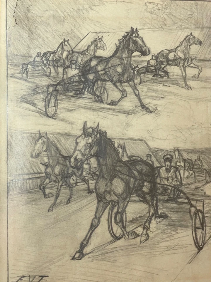 antiguo original dibujo a lápiz caballo arnés pista carreras realismo EVT boceto Foto 3 de 4