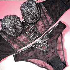 Victoria's Secret M-DD 36DD CORSET TOP BRA SET L panty BLACK lace Pink Ribbon
