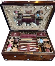ANTIQUE ROSEWOOD & MOP SEWING BOX WITH 44 IMPLEMENTS, EARLY 19th CENTURY