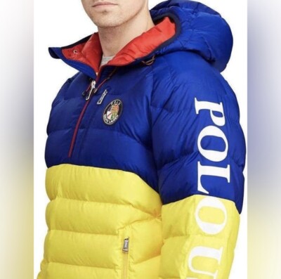 Polo Ralph Lauren Mens Blue Yellow 1/4th Zip Hooded Puffer Jacket