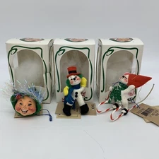 1997 Annalee Miniature Felt Ornaments in Box - Elf Head, Snowman, & Skiing Mouse