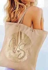 RARE Victoria's Secret Tote Bag Canvas VS Gold Glitter Stud Lightweight New