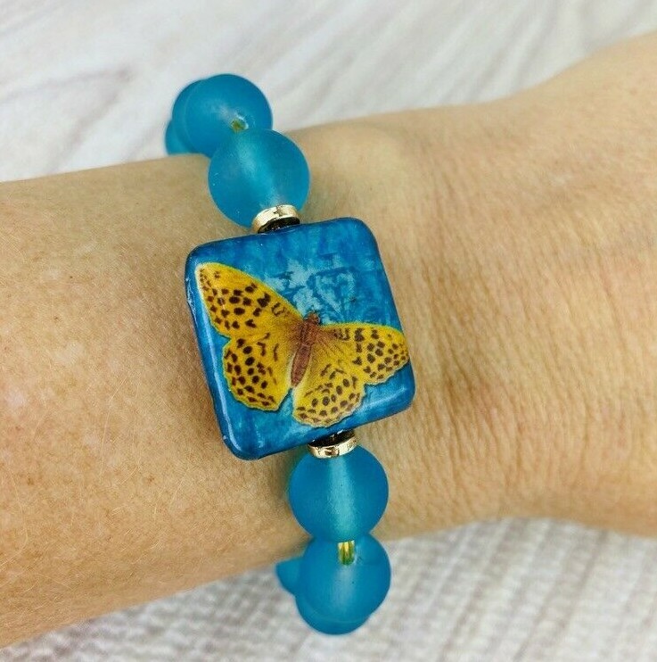Teal Blue Frosted Glass Butterfly Bracelet Boho Gold Tone-image