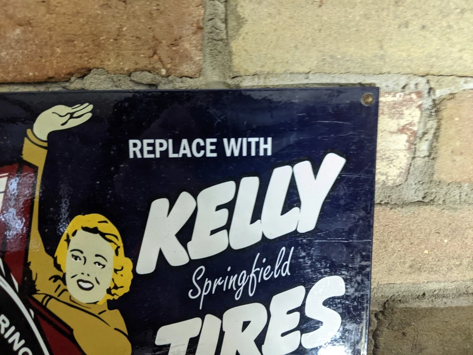 DE COLECCIÓN KELLY SPRINGFIELD NEUMÁTICOS PORCELANA PUBLICIDAD LETRERO RUEDAS NEUMÁTICO 12" X 8" Foto 3 de 4