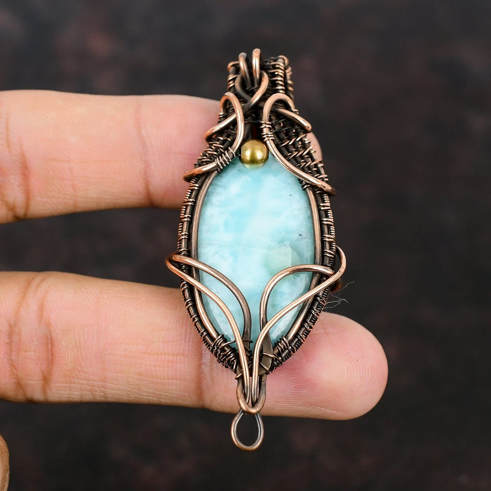 Joyería de piedras preciosas Larimar regalo de cobre para dama de honor colgante envuelto en alambre 2,64" Foto 2 de 4