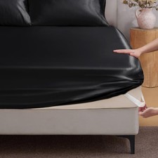Satin Fitted Sheet Queen Size with Elastic Corner Straps, Black