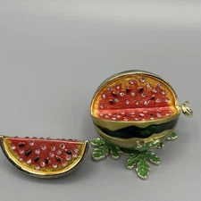 Trinket Box Watermelon and Slice Crystal Jeweled Enameled Hinged - See Video