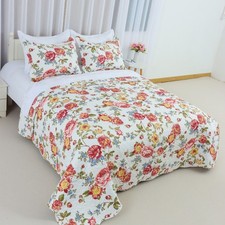 Lightweight Coverlet Set Garden Style Floral Printed Oversized Quilted Bedding
