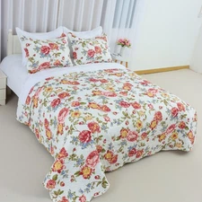Lightweight Coverlet Set Garden Style Floral Printed Oversized Quilted Bedding