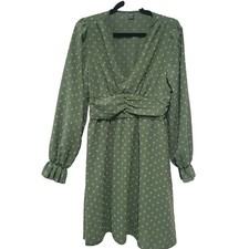 SHEIN Sage Green Swiss Dot Smocked Waist Long Sleeve Midi Dress Large 8/10