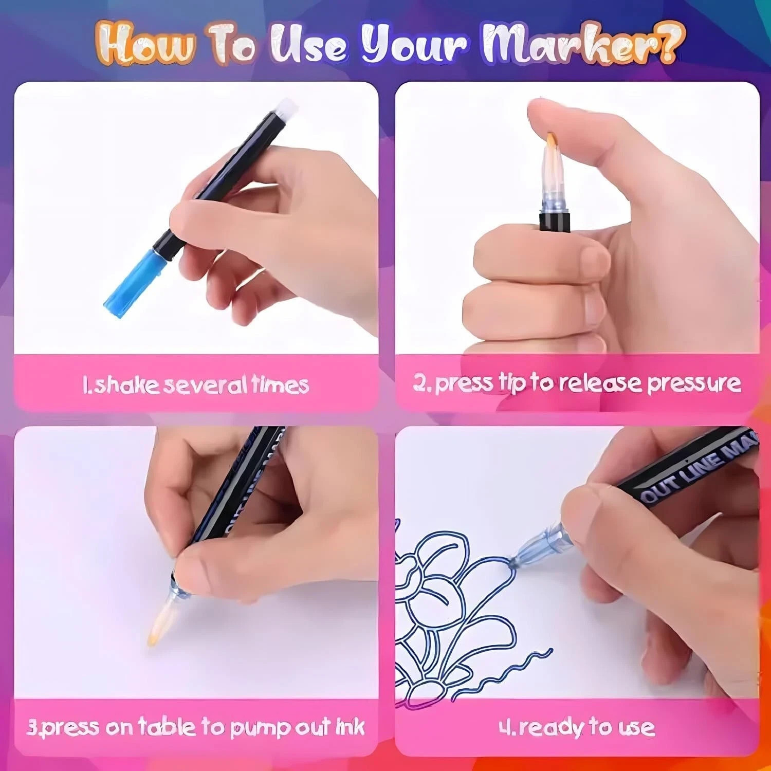 Super Sparkle Markers Double Line Outline Pens, 12 Colors Self Outline Metallic
