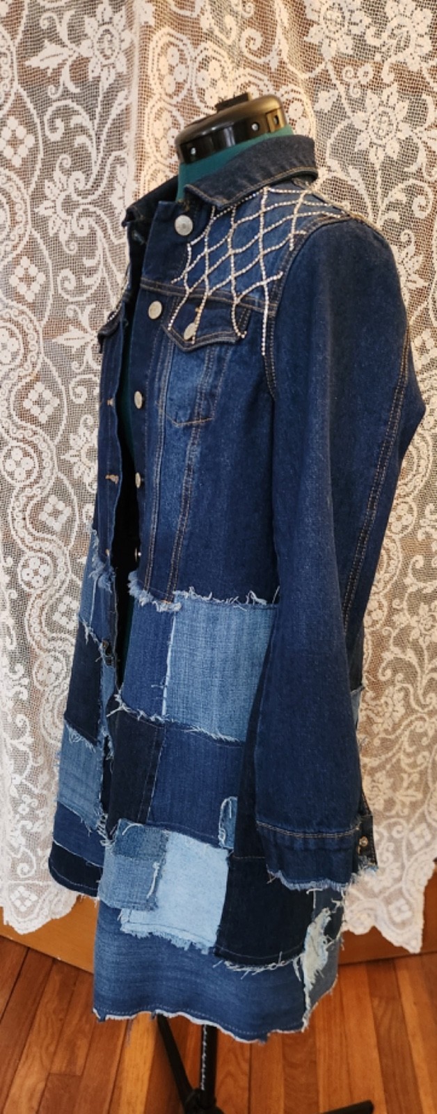 Upcycled Midi Denim Patchwork & Rhinestone Coat J… - image 2
