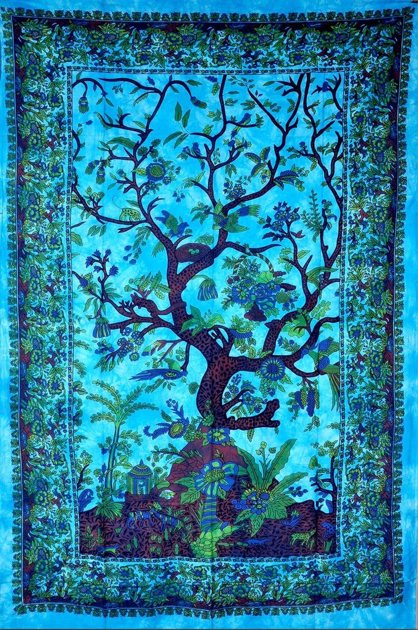 Turquoise Tree of Life Twin Size Indian Bohemian Wall Art Tapestry - Mandala Tap
