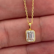 1 Ct Emerald-Cut EF/VS1 Lab Grown Diamond Bezel Necklace Pendant 14K Yellow Gold