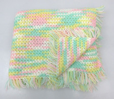 Vintage Crochet Baby Blanket Throw Afghan 41" x 38" Multicolor Fringe Retro