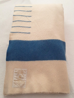 Hudson's Bay 6 Point Blanket Beige Blue Stripe Wool Gold Label