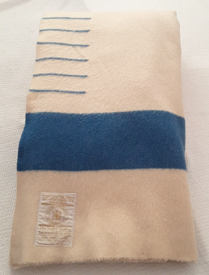 Hudson's Bay 6 Point Blanket Beige Blue Stripe Wool Gold Label