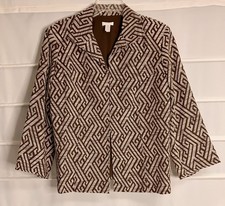 Chico's Brown Beige Geometric Print Cotton Blend Lined 3/4 Sleeve Jacket Size 3