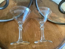 Pair Of Vintage Unused Beefeaters London Dry Gin - Etched Martini Glasses! Pair