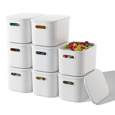8 Pack White Storage Bins with Lids Stackable Storage Container for Organizin...